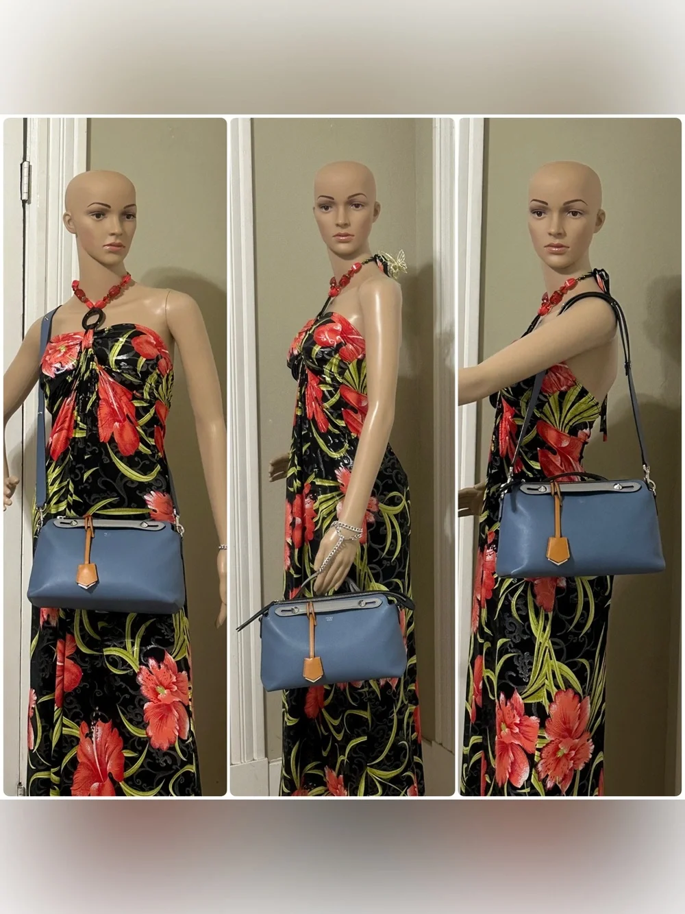 Fendi Blue Leather Satchel with Tan Accent